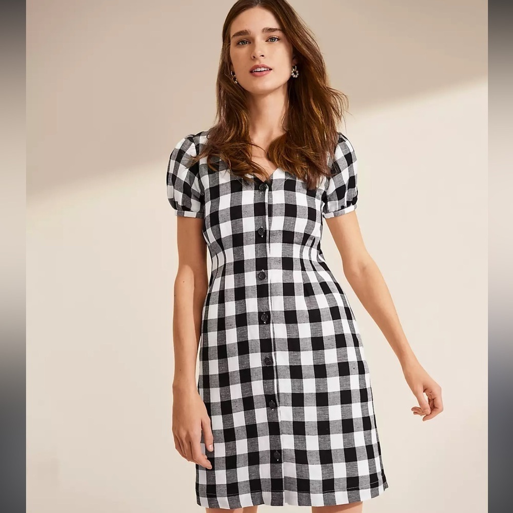 LOFT Gingham Check Linen Blend Button Up Dress Black White Preppy Casual Size 10